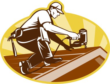 Roofer Roofing Worker Working on Roof clipart