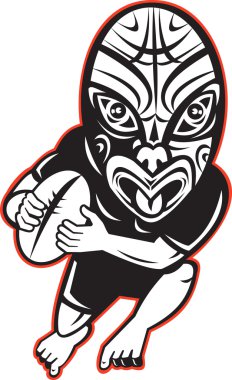maori maskesi giyen çalışan rugby oyuncusu