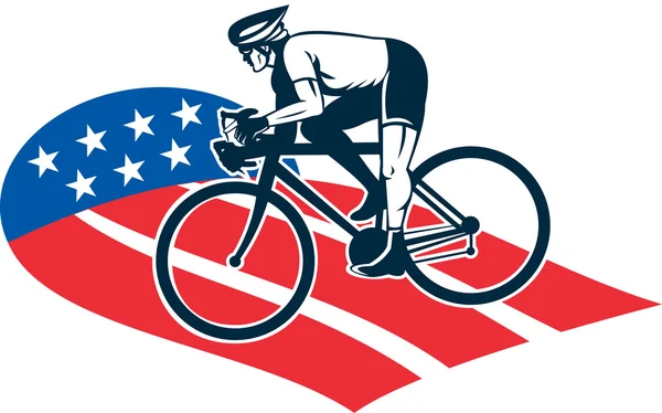 Bisikletçi yarış bisikleti yıldız ve çizgili bayrak sürme — Stok fotoğraf