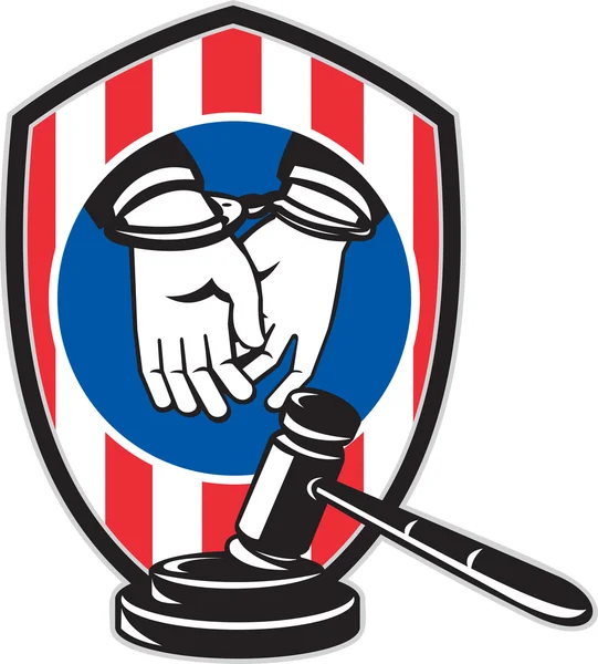 Gavel handcuff hand American stripes shield — Stock Photo, Image