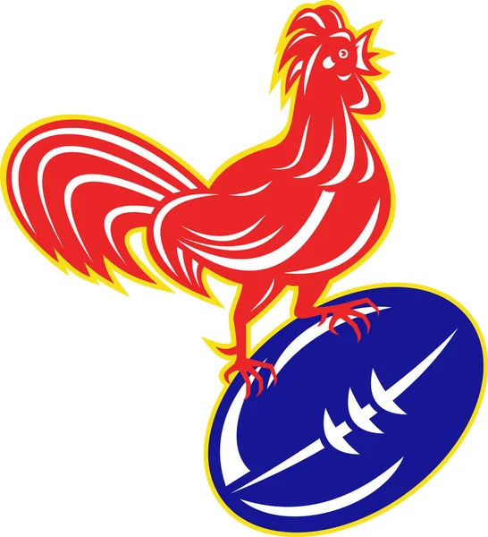 Haan cockerel bovenop rugbybal — Stockfoto