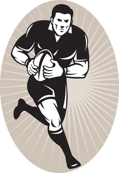 Jogador de rugby com bola vestindo todo preto — Fotografia de Stock