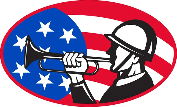 Amerykański żołnierz z trąbka i flaga — Zdjęcie stockowe