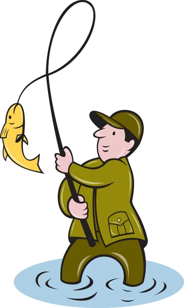Pescatore pesca a mosca pesce mulinello — Foto Stock