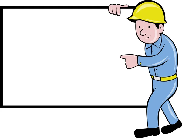 Trabalhador da construção com placa branca apontando — Fotografia de Stock
