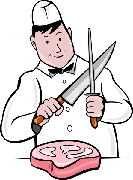 Carnicero de dibujos animados cuchillo afilar la carne — Foto de Stock