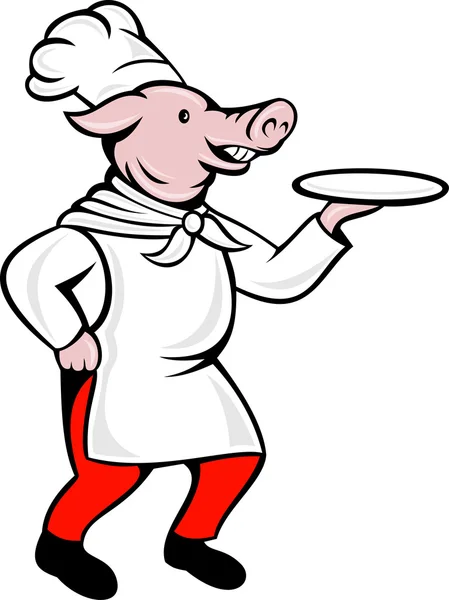 Karikatür domuz şef aşçı baker servis tabağı — Stok fotoğraf