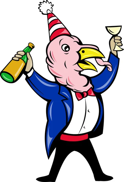 Cartoon turkey suit tie bottle glass wine toast — Stock Photo, Image