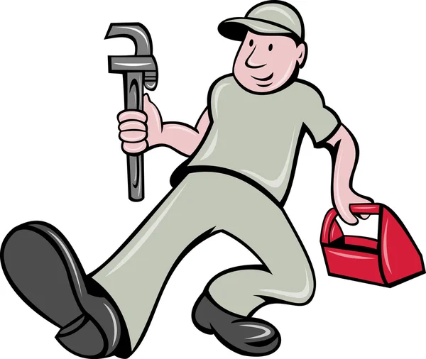 Plumber with monkey wrench and toolbox — Stock Photo, Image