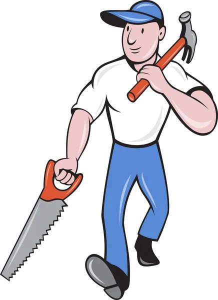 Ouvrier charpentier avec marteau et scie — Photo