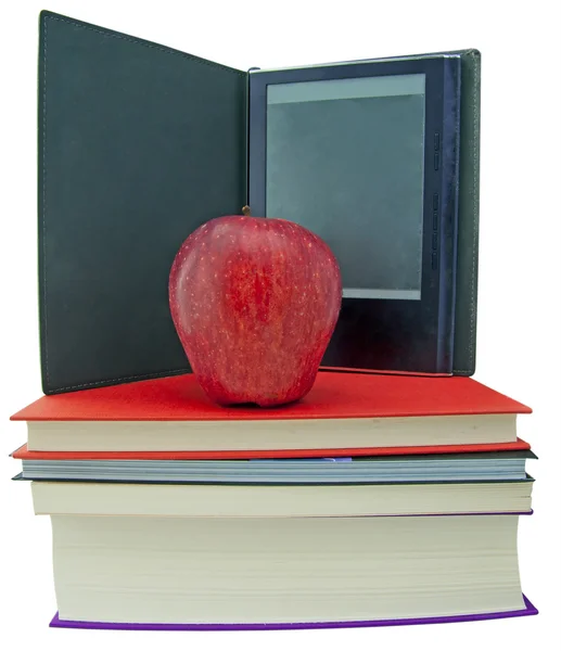 Μήλο, βιβλία και ebook αναγνώστης — Φωτογραφία Αρχείου