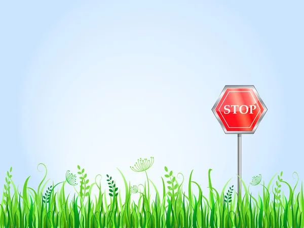 Red Stop Sign On Grass Meadow — Stock Vector