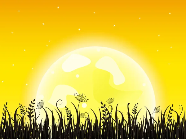 Ogromny żółty księżyc z trawa łąka — Wektor stockowy