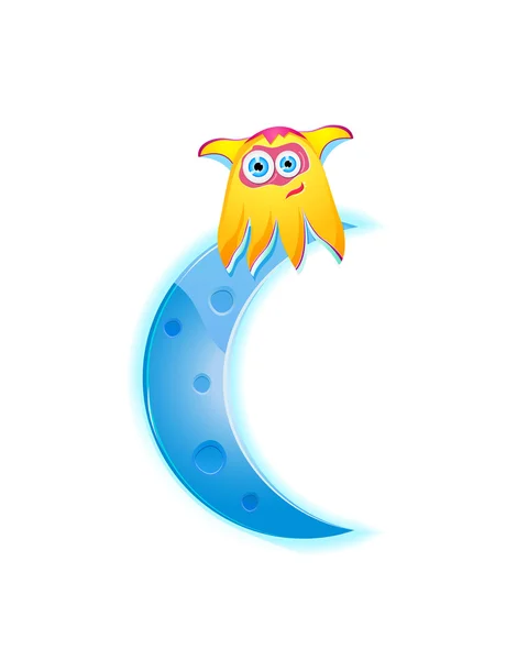 Cute monster sitting on the moon crescent — Stock Vector