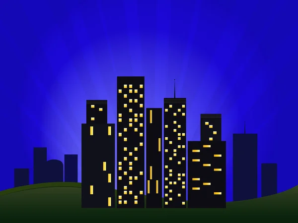 Paisaje urbano nocturno con rascacielos — Vector de stock