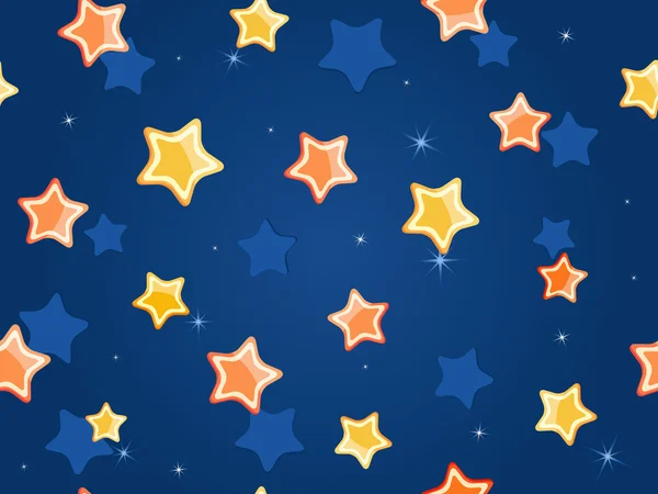 Estrellas de dibujos animados en el cielo azul. Patrón vectorial — Vector de stock