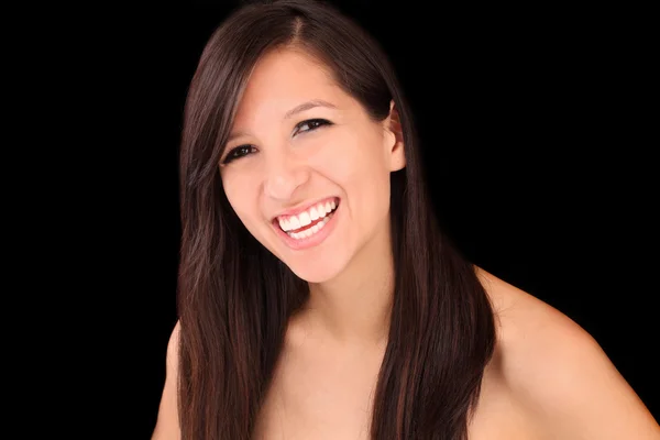 Μεγάλο χαμόγελο πορτρέτο καυκάσιος γυναίκα σκούρα μαλλιά — Φωτογραφία Αρχείου
