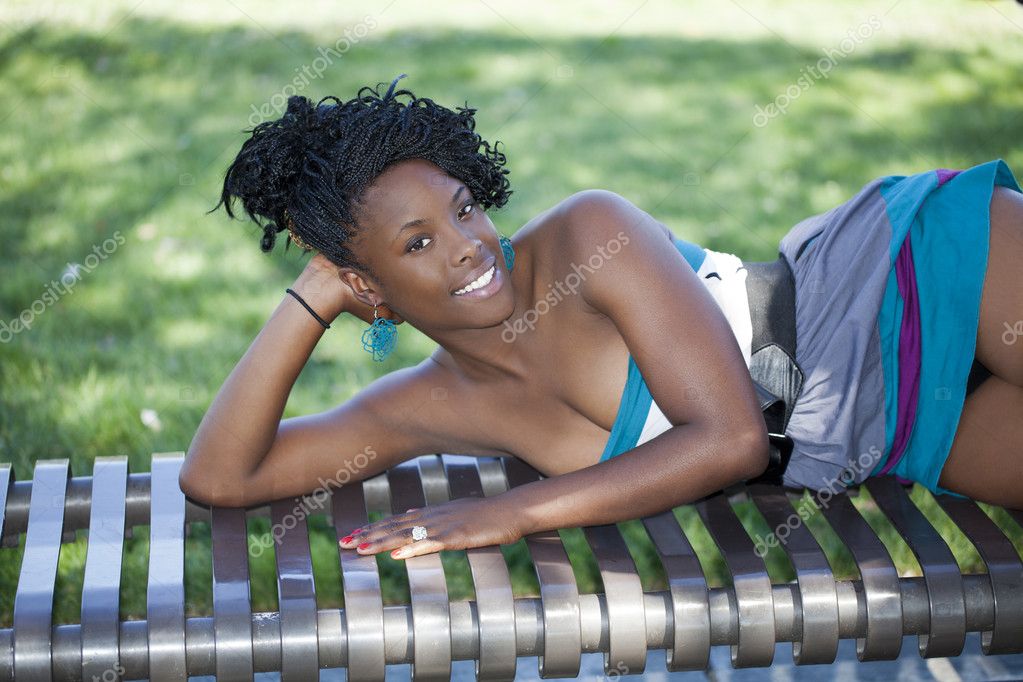 Skinny Black Teen Girl Bikini Outdoors River Stock Photo
