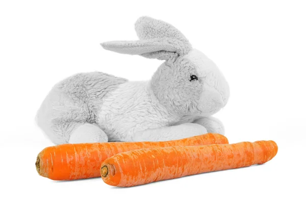 Morötter och en leksak kanin — Stockfoto