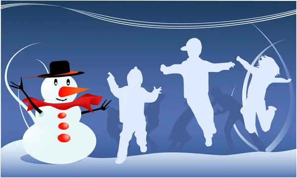 Τα παιδιά και χιονάνθρωπος — Διανυσματικό Αρχείο