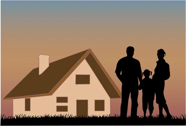Lycklig familj med ett hus i bakgrunden — Stock vektor