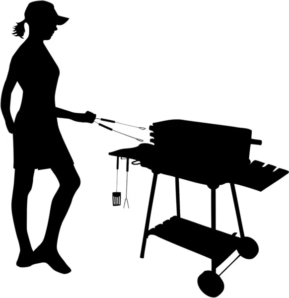 Grilling-figure of a woman standing by the grill — Stock Vector