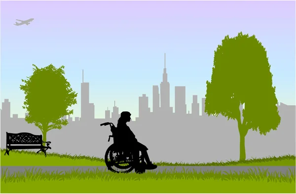 Mulher em uma cadeira de rodas - caminhar no parque — Vetor de Stock