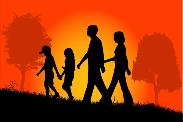 Gün batımında aile yürüyüş — Stok Vektör