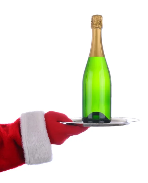 圣诞老人与香槟酒瓶上的纸盒 — 图库照片