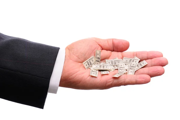 Рука бизнесмена с мелкими банкнотами в сто долларов — стоковое фото