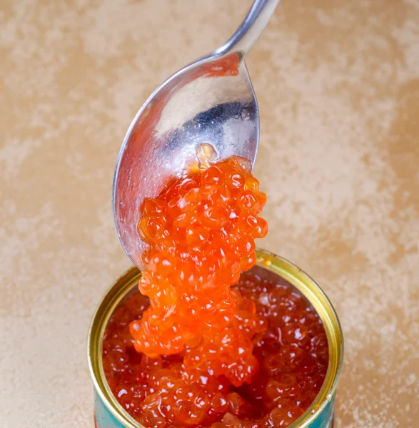 Caviar vermelho de salmão em lata — Fotografia de Stock