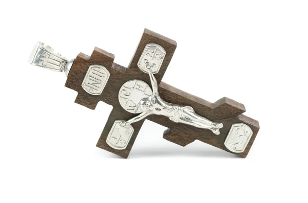 Krzyż Srebrny i drewniane — Zdjęcie stockowe