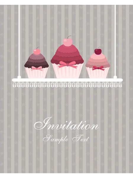 Vintage invitation design with cupcakes on the shelf — Stock Vector