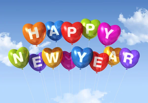Happy new year heart shaped balloons — Stock Photo, Image