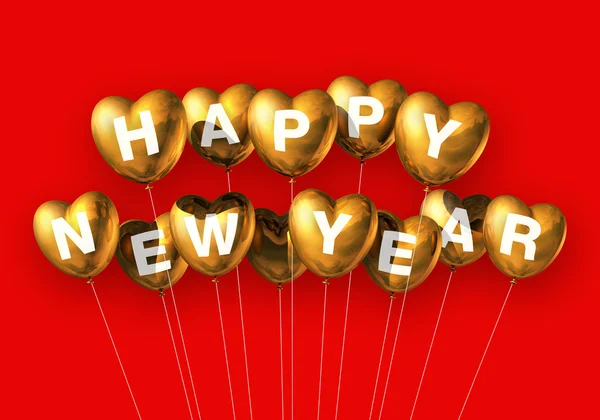 Oro feliz año nuevo en forma de corazón globos —  Fotos de Stock