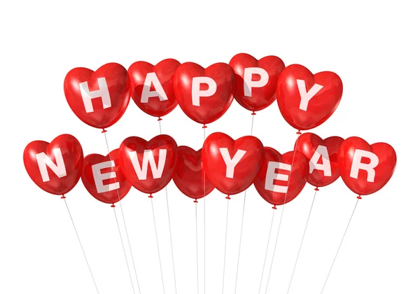 Yeni yılınız kutlu olsun kırmızı kalp şeklinde balonlar — Stok fotoğraf