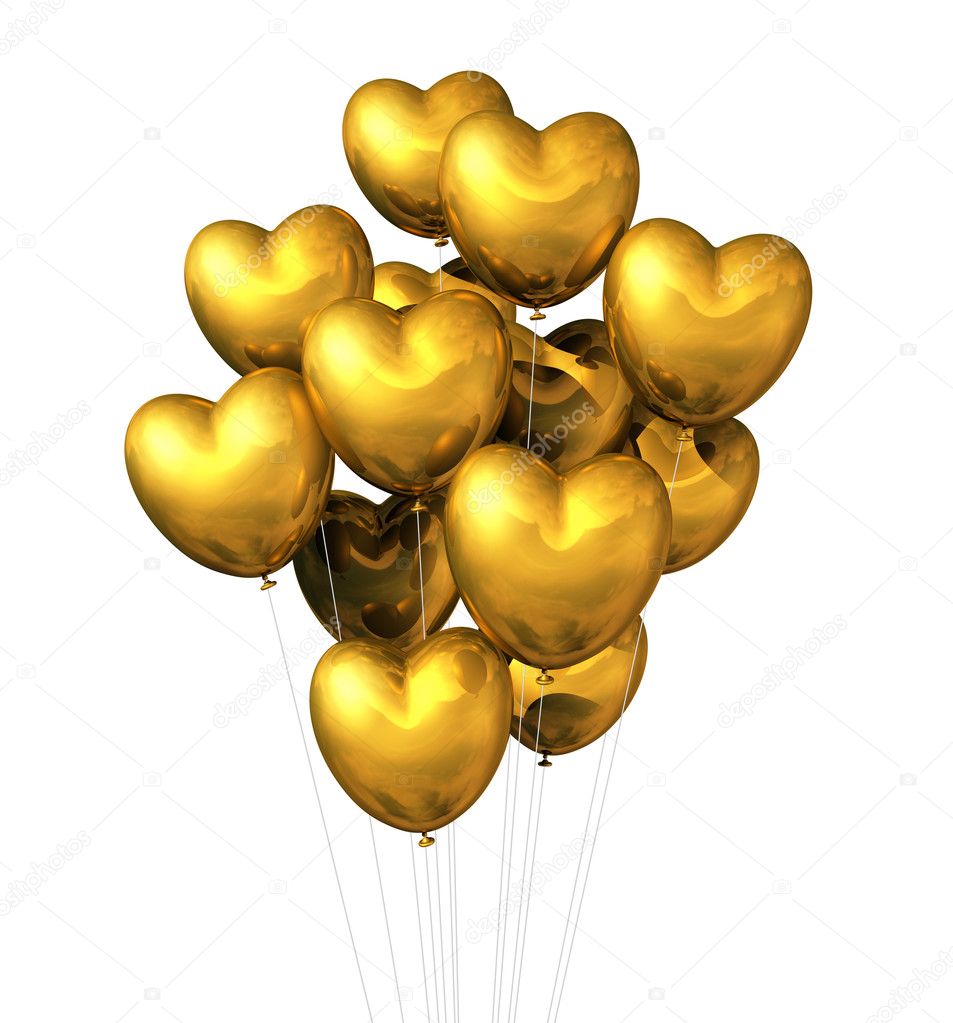 Gold heart shaped balloons isolated on white