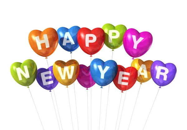 Colored happy new year heart shaped balloons — Stock Photo, Image