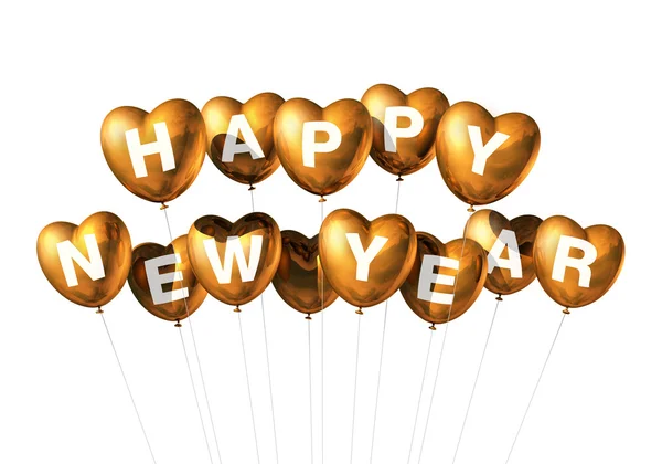 Gold happy new year heart shaped balloons — Stock Photo, Image