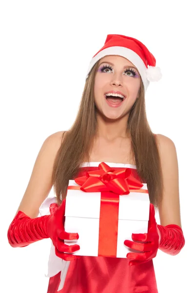 Ragazza di Natale in rosso cappello di Santa — Foto Stock