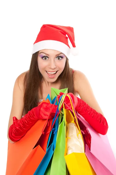 Christmas flicka i röd santa hatt — Stockfoto