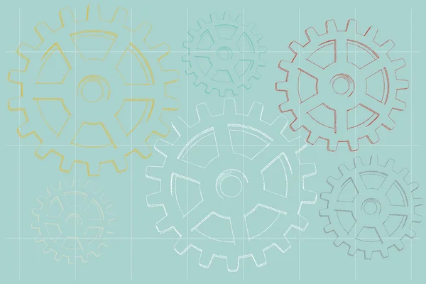 Sketch Faded Illustrated Gears On Blue Background — Stock Vector