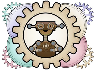 Steampunk robot inside colorful gears holding gears clipart