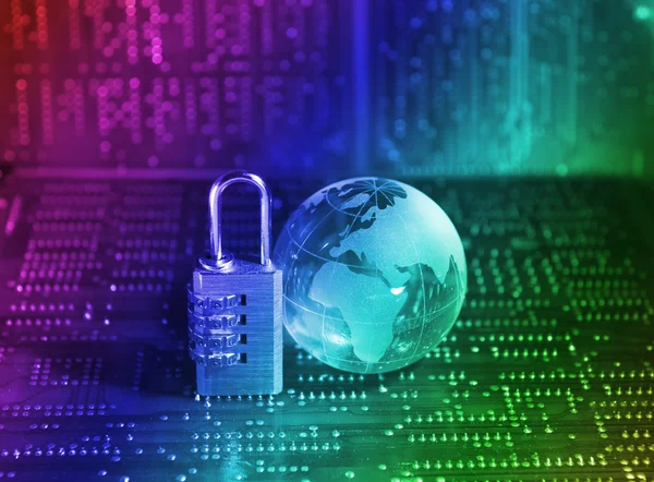 Lock and world map with computer keyboard background — Stock Photo, Image