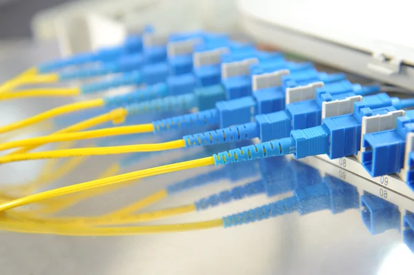 Tiro de cables de red y servidores en un centro de datos de tecnología —  Fotos de Stock