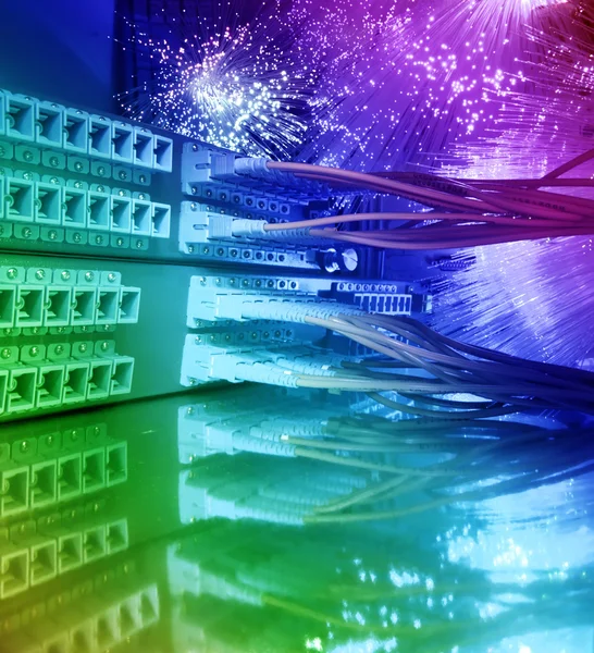 Strzał kabli sieciowych i serwerów w centrum danych technologii — Zdjęcie stockowe