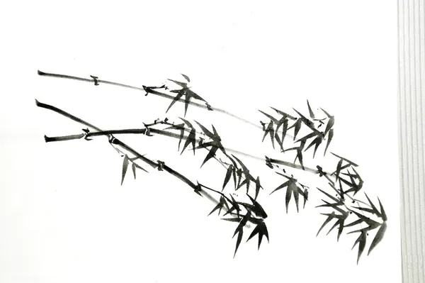 En bambusgrein og blader malt i tradisjonell kinesisk blekktegning – stockfoto