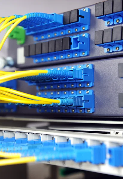 拍摄的网络电缆和技术的数据中心中的服务器 — 图库照片