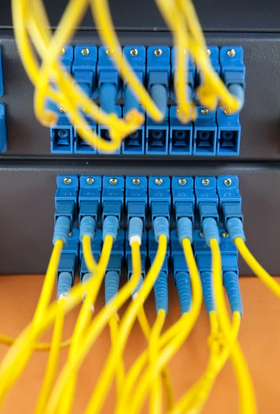 Prise de vue des câbles réseau et des serveurs dans un centre de données technologique — Photo