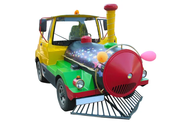Eğlenceli bir oyuncak tren üzerinde beyaz izole olarak stilize edilmiş araba — Stok fotoğraf